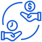 Icône bleue illustrant l'échange de ressources entre deux personnes.