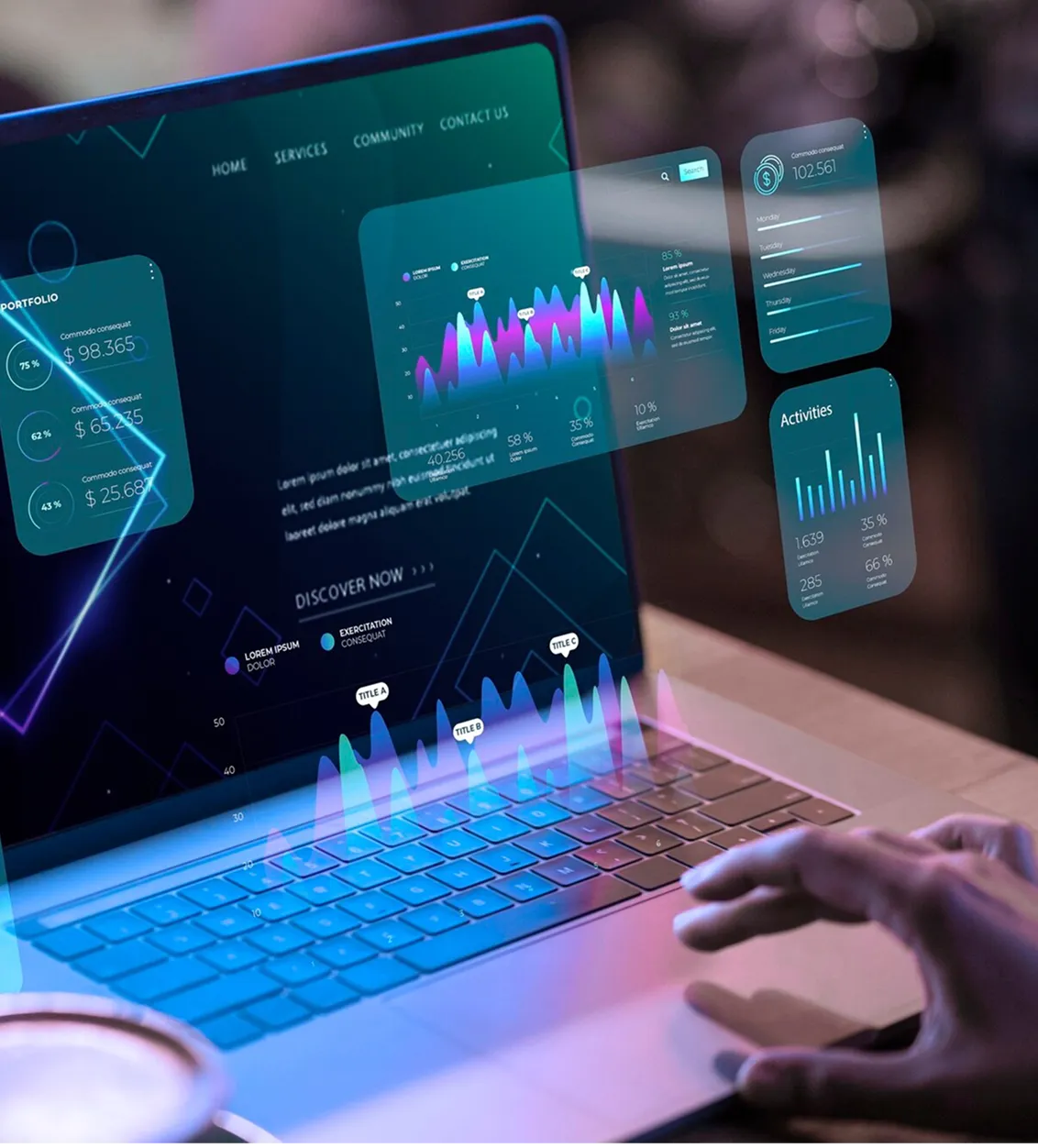 Ordinateur portable avec graphiques interactifs projetés, visualisation de données numériques.