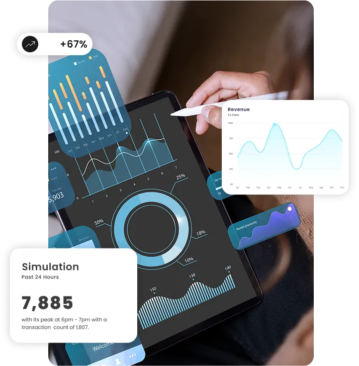Tablette affichant des graphiques et des données de simulation en temps réel.