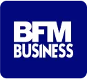 Logo de BFM Business sur fond bleu.