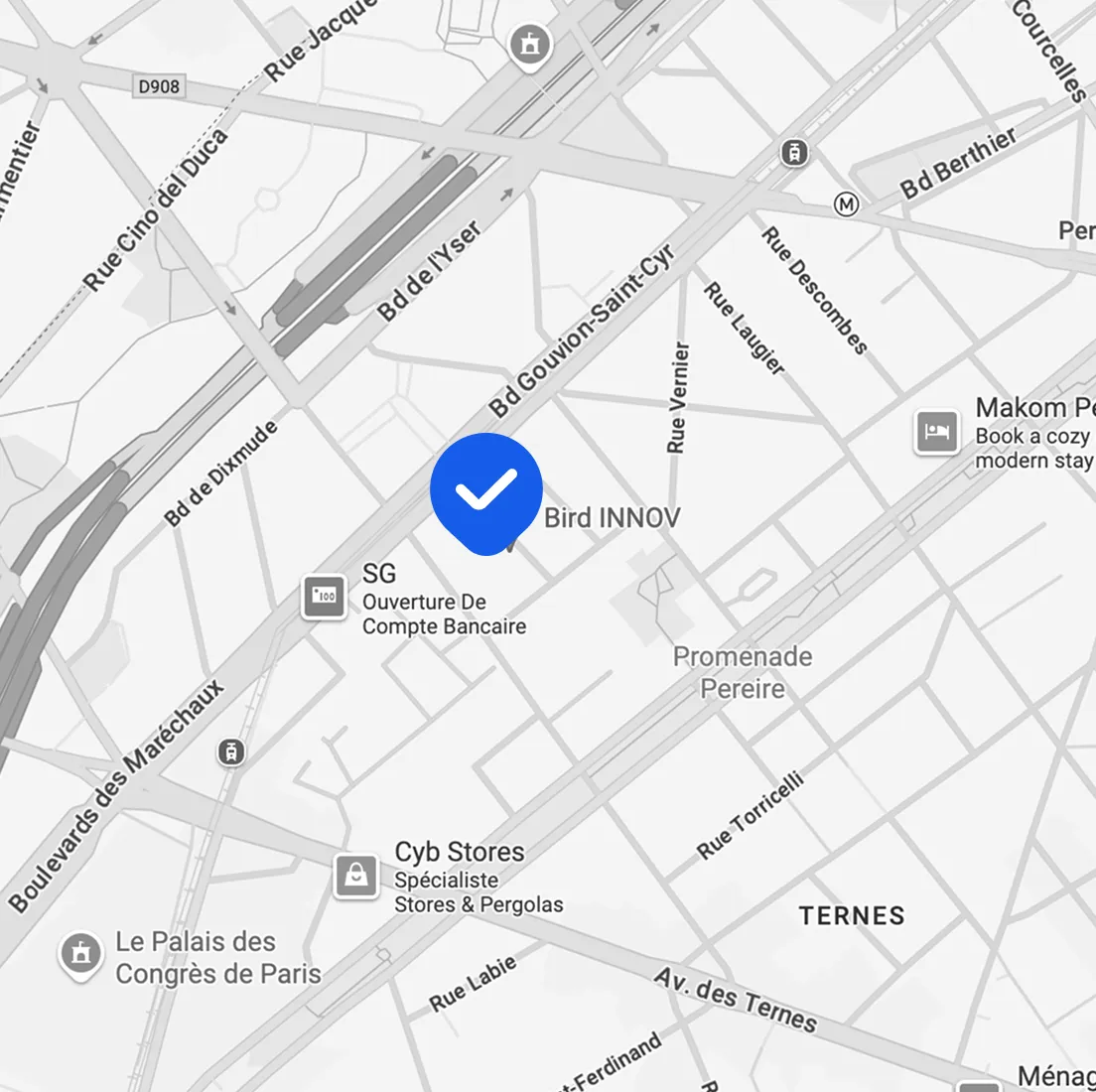 Carte montrant l'emplacement de Bird INNOV à Paris avec routes et points d'intérêt.